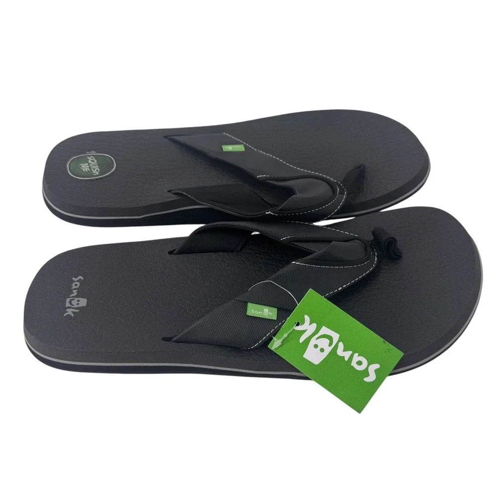 Sanuk Beer Cozy Mens Black Flip Flop Sandals Yoga Mat Footbed BLK Sz 12 NWT
